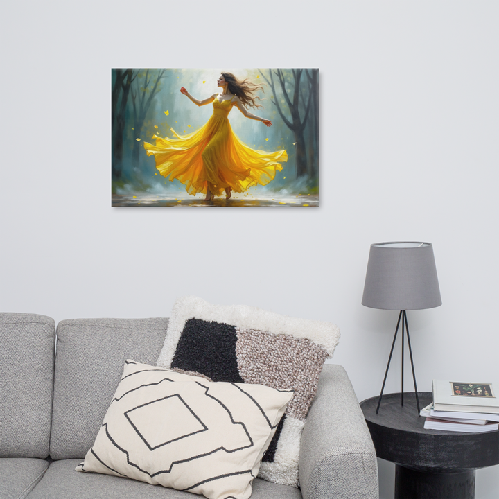 Surreal Oil Painting of Dancing Woman in Yellow Dress – Abstract Glass-Inspired Art in Blue and Gray