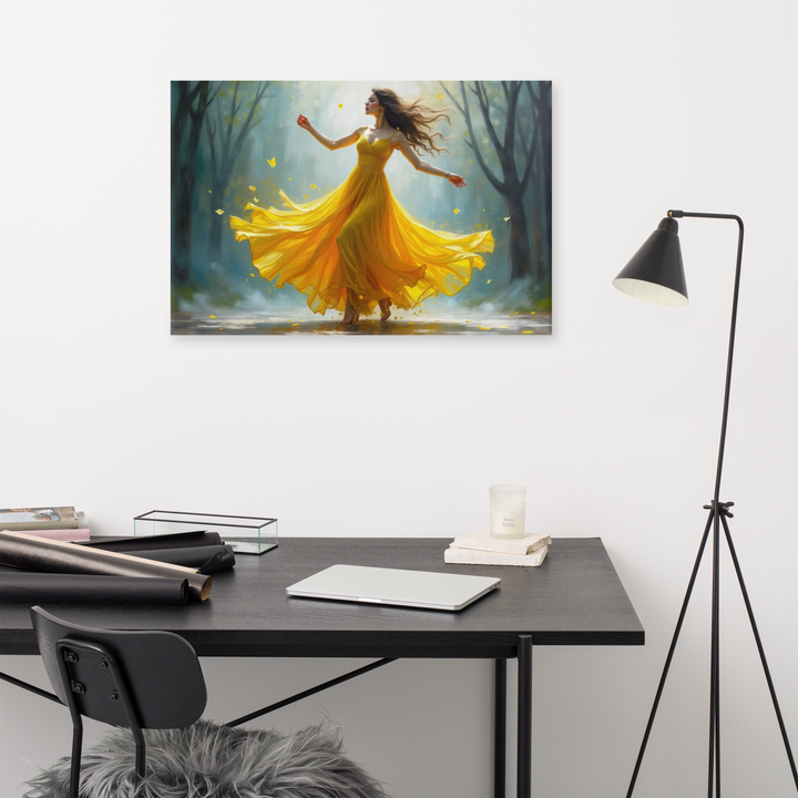 Surreal Oil Painting of Dancing Woman in Yellow Dress – Abstract Glass-Inspired Art in Blue and Gray
