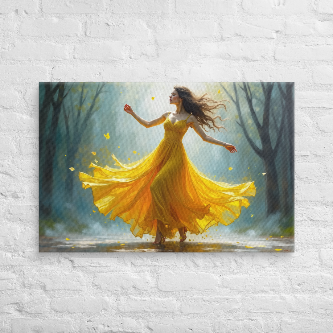 Surreal Oil Painting of Dancing Woman in Yellow Dress – Abstract Glass-Inspired Art in Blue and Gray