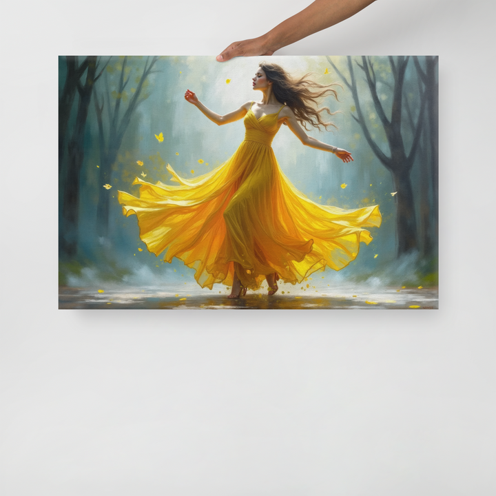Surreal Oil Painting of Dancing Woman in Yellow Dress – Abstract Glass-Inspired Art in Blue and Gray