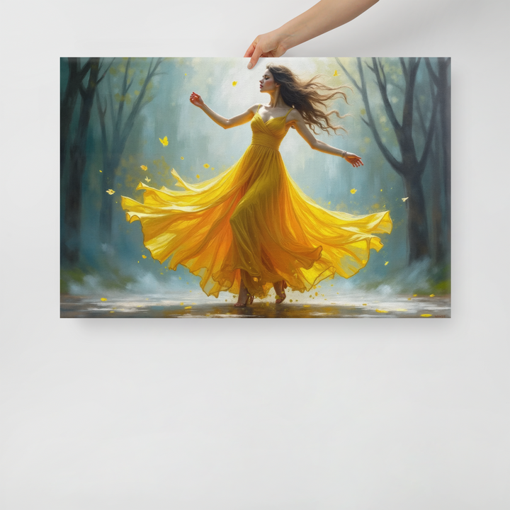 Surreal Oil Painting of Dancing Woman in Yellow Dress – Abstract Glass-Inspired Art in Blue and Gray