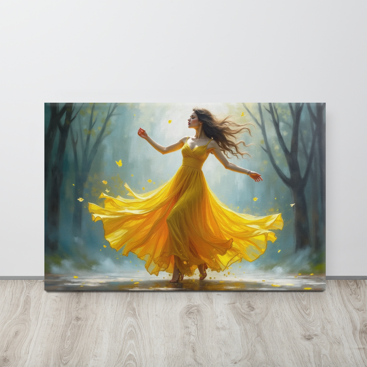 Surreal Oil Painting of Dancing Woman in Yellow Dress – Abstract Glass-Inspired Art in Blue and Gray