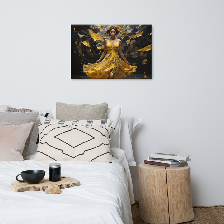 Realistic Oil Painting of Woman in Yellow Dress – Elegant Dance with Dark Artistic Background