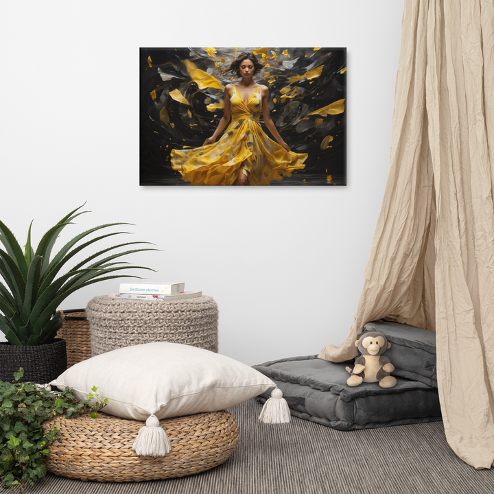 Realistic Oil Painting of Woman in Yellow Dress – Elegant Dance with Dark Artistic Background