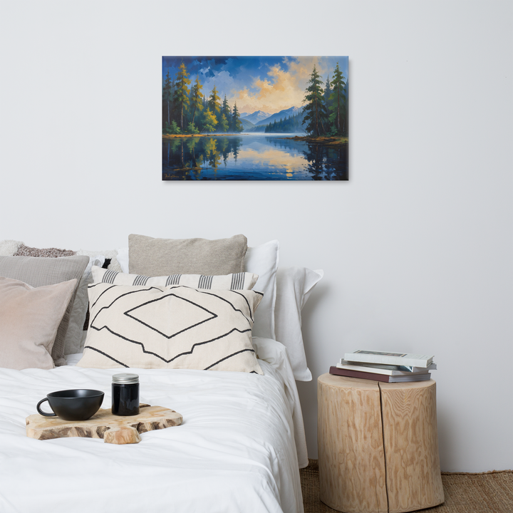 Misty Mountain Lake – Oil Painting Landscape Wall Art in Blue, Green, and Gold