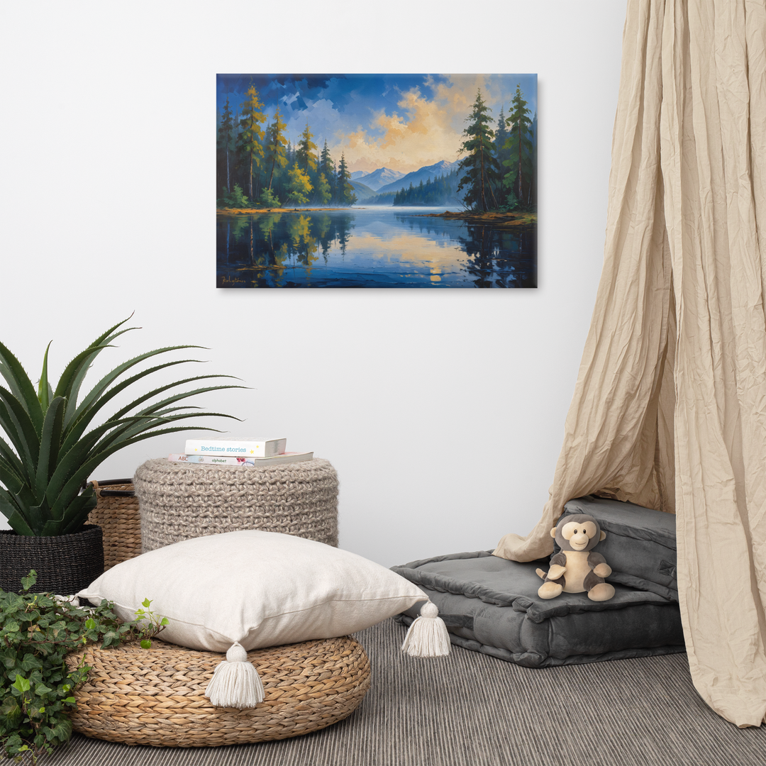 Misty Mountain Lake – Oil Painting Landscape Wall Art in Blue, Green, and Gold