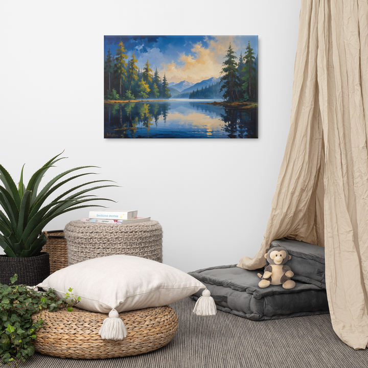 Misty Mountain Lake – Oil Painting Landscape Wall Art in Blue, Green, and Gold