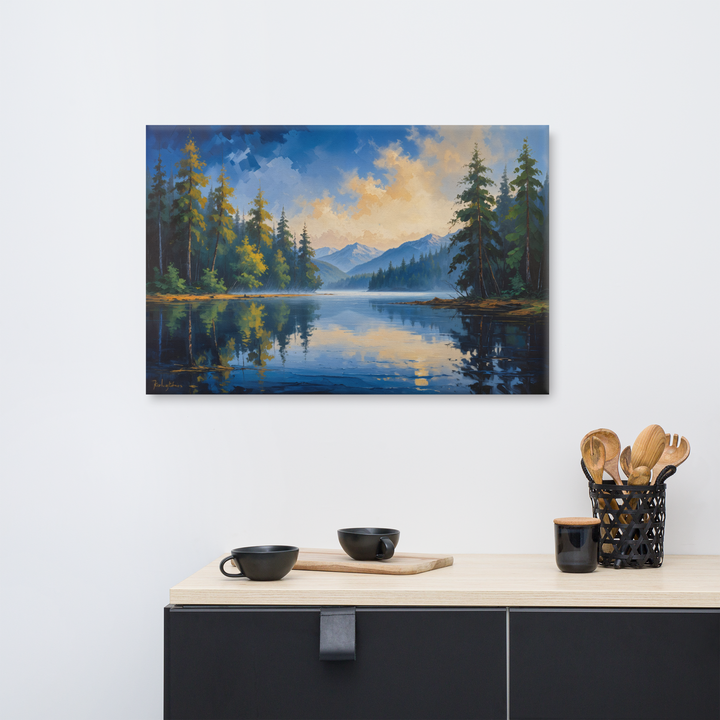 Misty Mountain Lake – Oil Painting Landscape Wall Art in Blue, Green, and Gold
