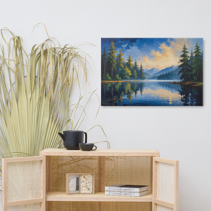 Misty Mountain Lake – Oil Painting Landscape Wall Art in Blue, Green, and Gold