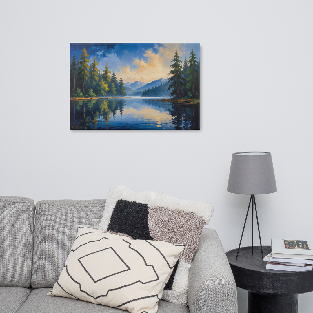 Misty Mountain Lake – Oil Painting Landscape Wall Art in Blue, Green, and Gold
