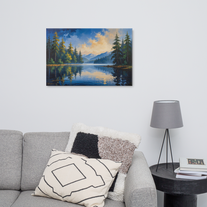Misty Mountain Lake – Oil Painting Landscape Wall Art in Blue, Green, and Gold