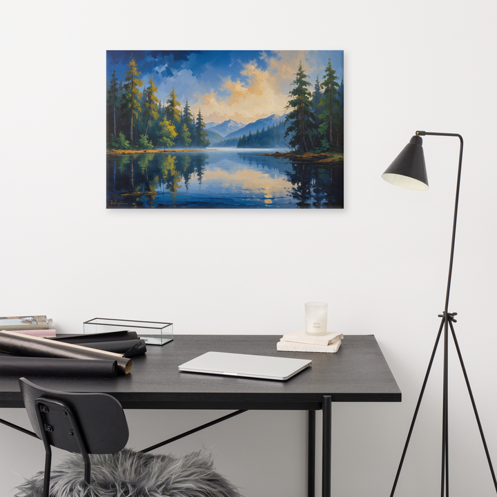 Misty Mountain Lake – Oil Painting Landscape Wall Art in Blue, Green, and Gold
