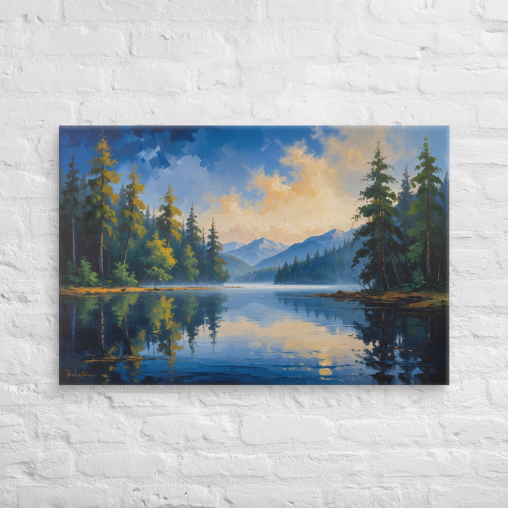 Misty Mountain Lake – Oil Painting Landscape Wall Art in Blue, Green, and Gold