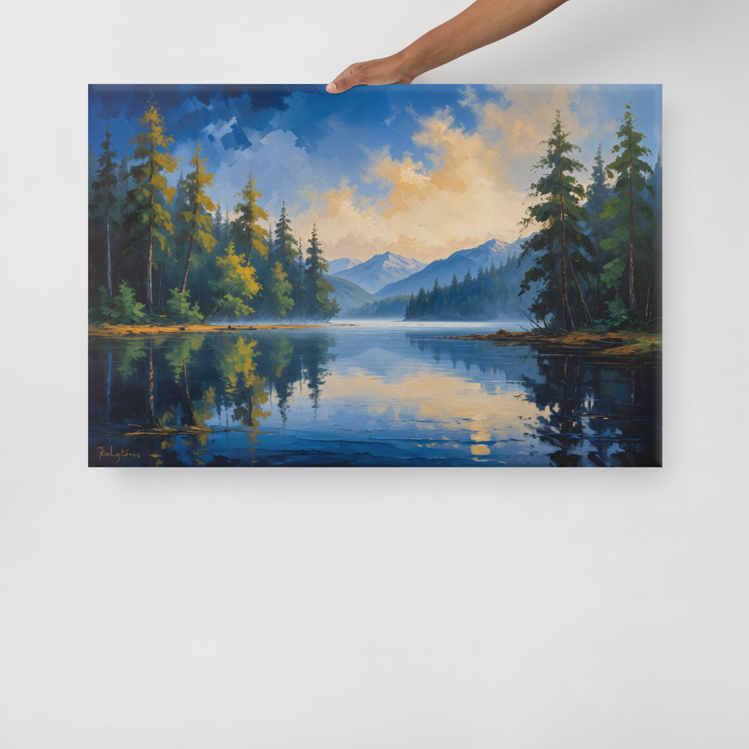 Misty Mountain Lake – Oil Painting Landscape Wall Art in Blue, Green, and Gold