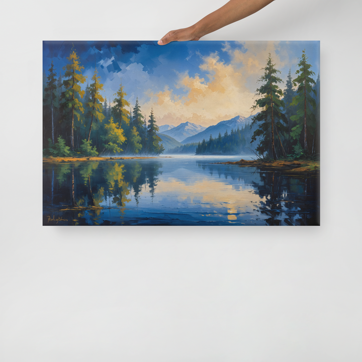 Misty Mountain Lake – Oil Painting Landscape Wall Art in Blue, Green, and Gold