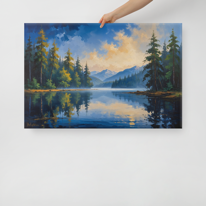 Misty Mountain Lake – Oil Painting Landscape Wall Art in Blue, Green, and Gold