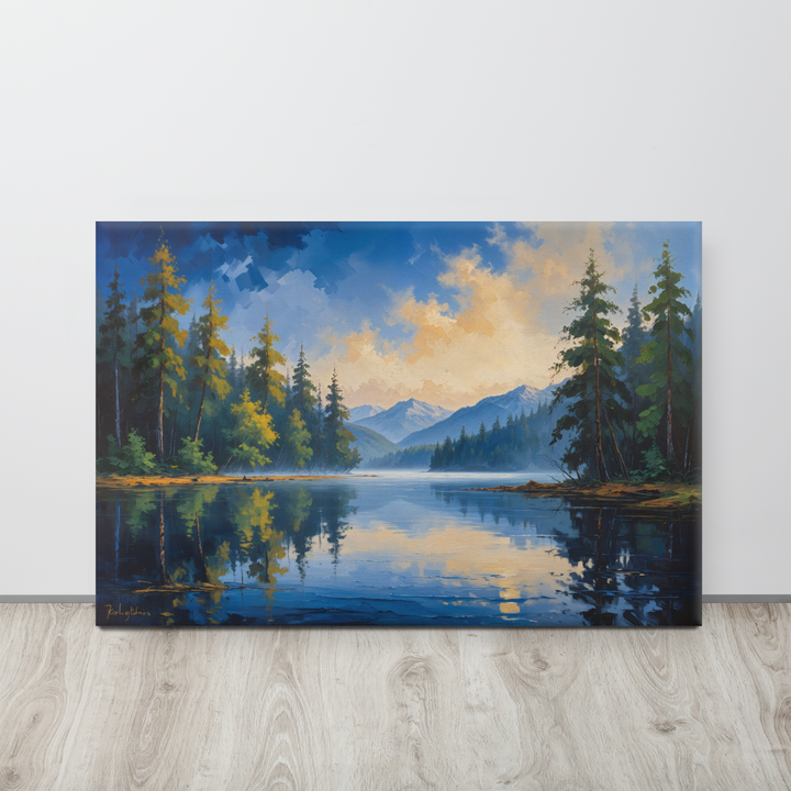 Misty Mountain Lake – Oil Painting Landscape Wall Art in Blue, Green, and Gold