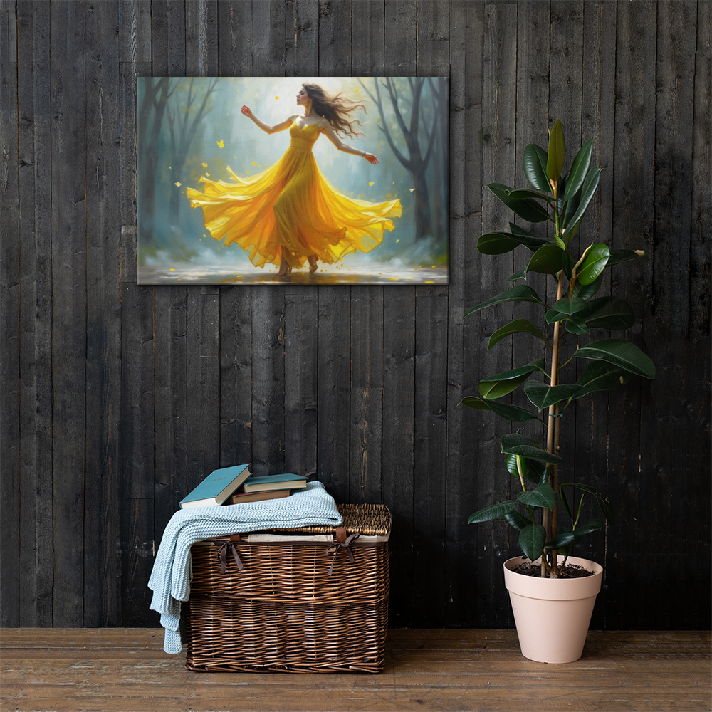 Surreal Oil Painting of Dancing Woman in Yellow Dress – Abstract Glass-Inspired Art in Blue and Gray