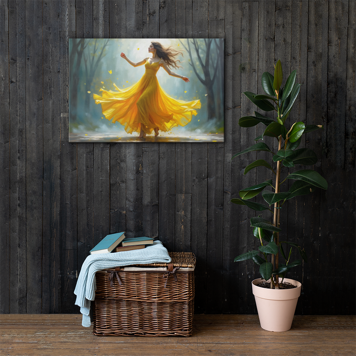 Surreal Oil Painting of Dancing Woman in Yellow Dress – Abstract Glass-Inspired Art in Blue and Gray