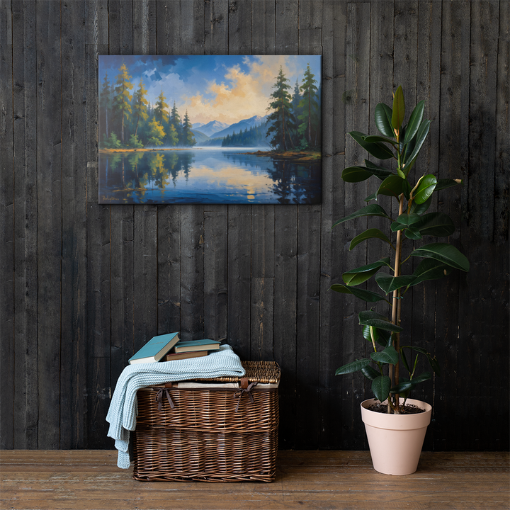 Misty Mountain Lake – Oil Painting Landscape Wall Art in Blue, Green, and Gold