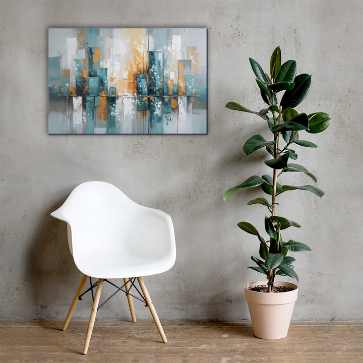 Modern Abstract Cityscape Wall Art – Textured Oil Painting with Teal, Gray & Gold Tones
