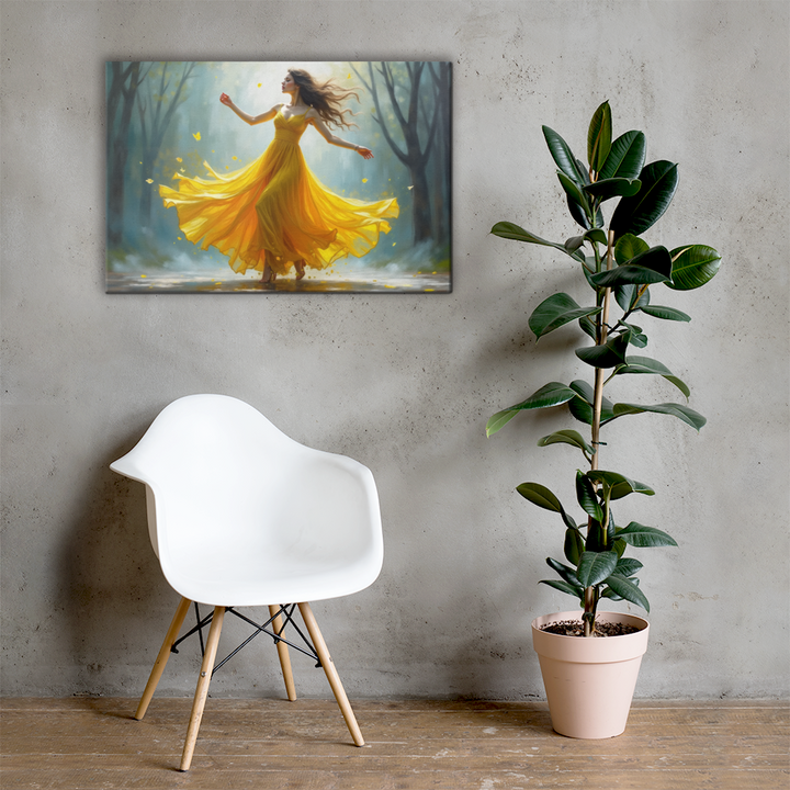 Surreal Oil Painting of Dancing Woman in Yellow Dress – Abstract Glass-Inspired Art in Blue and Gray