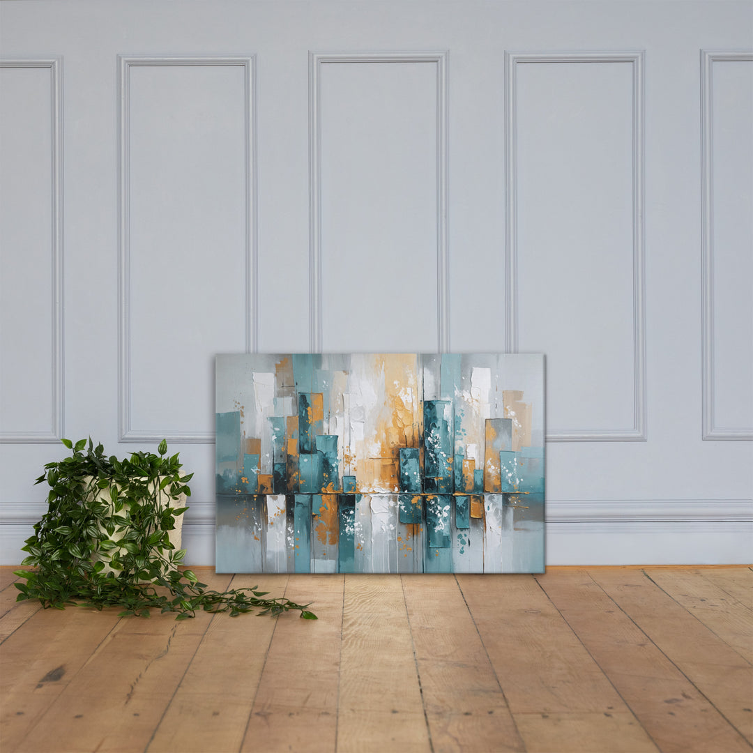 Modern Abstract Cityscape Wall Art – Textured Oil Painting with Teal, Gray & Gold Tones