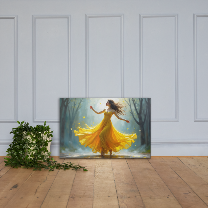 Surreal Oil Painting of Dancing Woman in Yellow Dress – Abstract Glass-Inspired Art in Blue and Gray