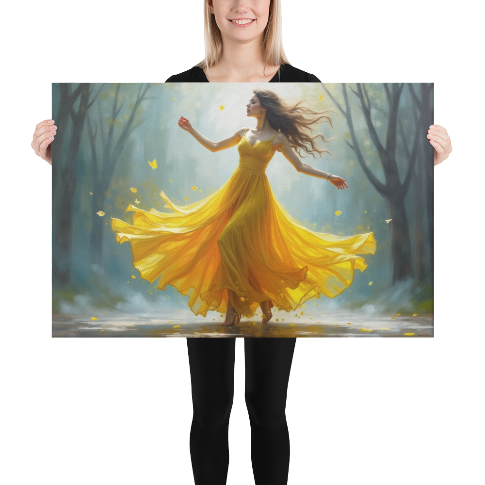 Surreal Oil Painting of Dancing Woman in Yellow Dress – Abstract Glass-Inspired Art in Blue and Gray