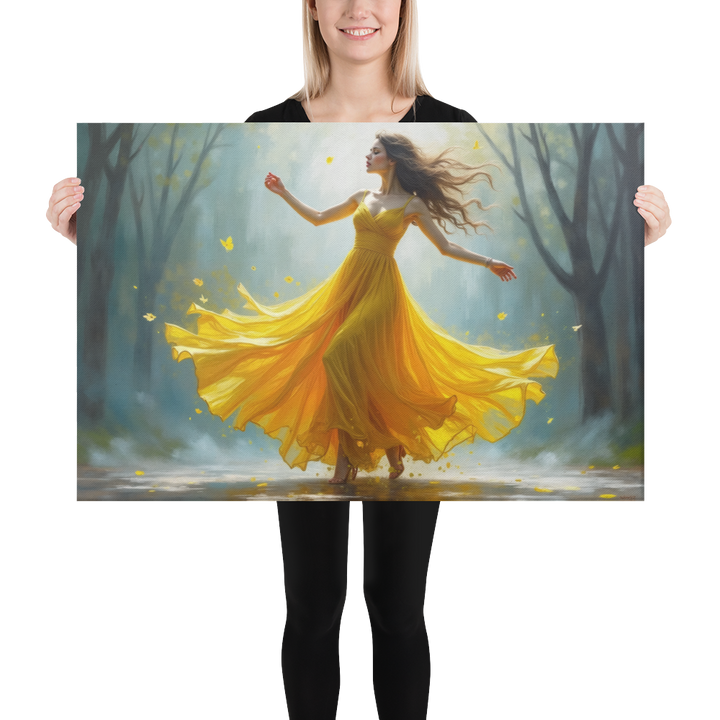 Surreal Oil Painting of Dancing Woman in Yellow Dress – Abstract Glass-Inspired Art in Blue and Gray