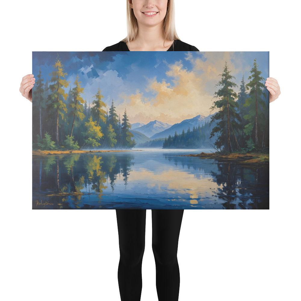 Misty Mountain Lake – Oil Painting Landscape Wall Art in Blue, Green, and Gold