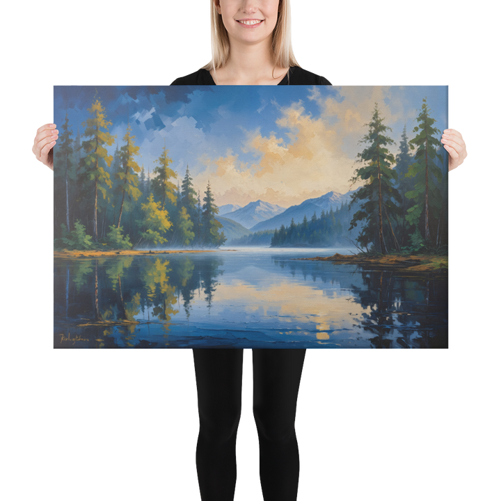 Misty Mountain Lake – Oil Painting Landscape Wall Art in Blue, Green, and Gold