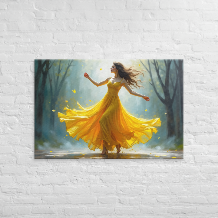 Surreal Oil Painting of Dancing Woman in Yellow Dress – Abstract Glass-Inspired Art in Blue and Gray