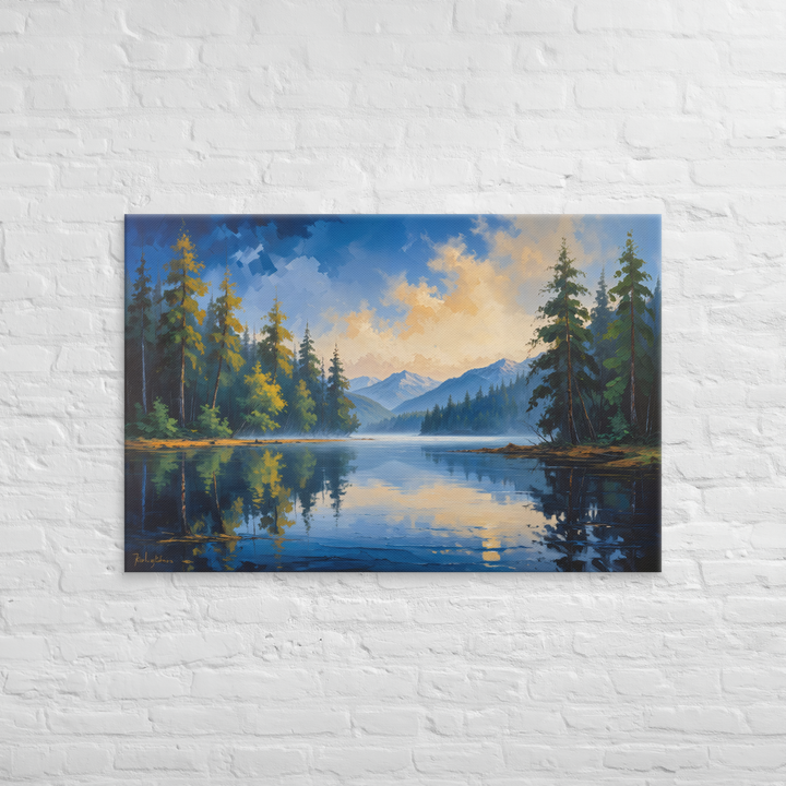 Misty Mountain Lake – Oil Painting Landscape Wall Art in Blue, Green, and Gold