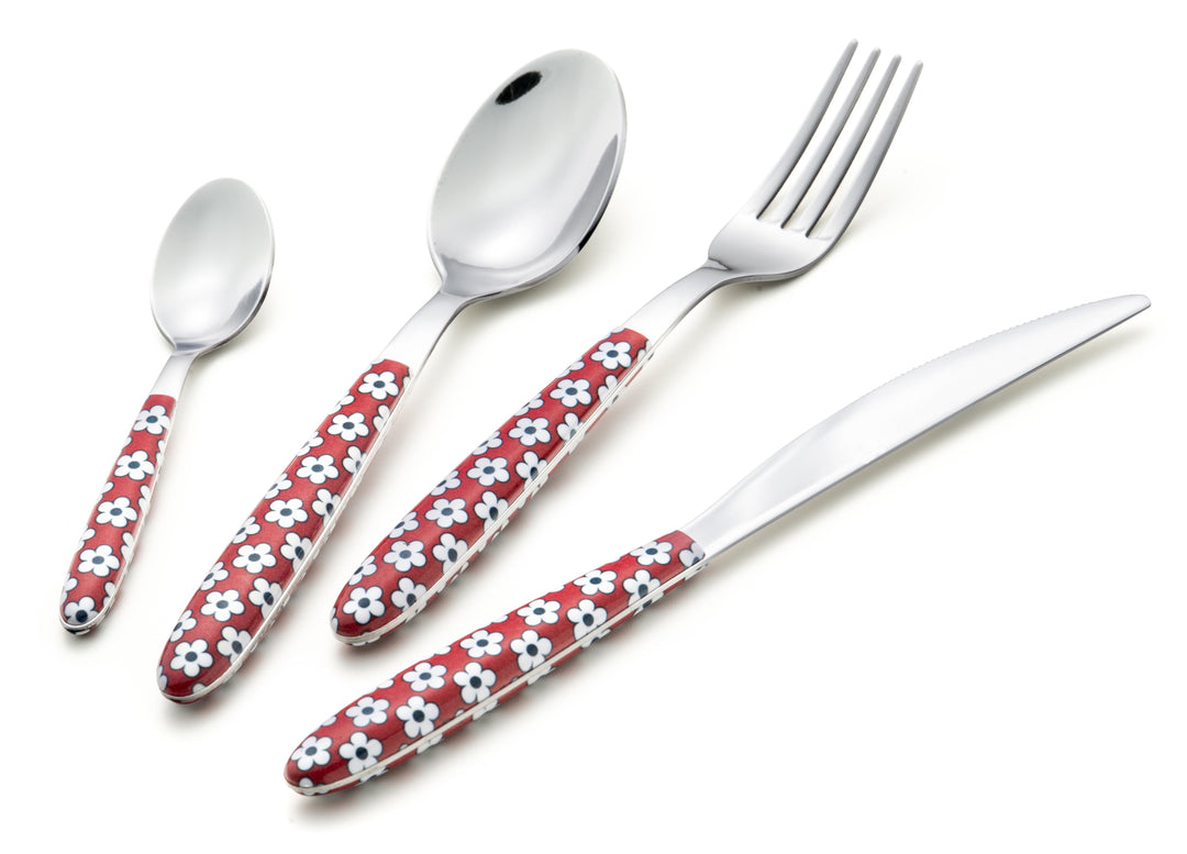 Nilu Decor Italian Stainless Steel 24 Piece Flatware Set - Service for 6 - Flower Red Handle - Arimi Home & Kitchen